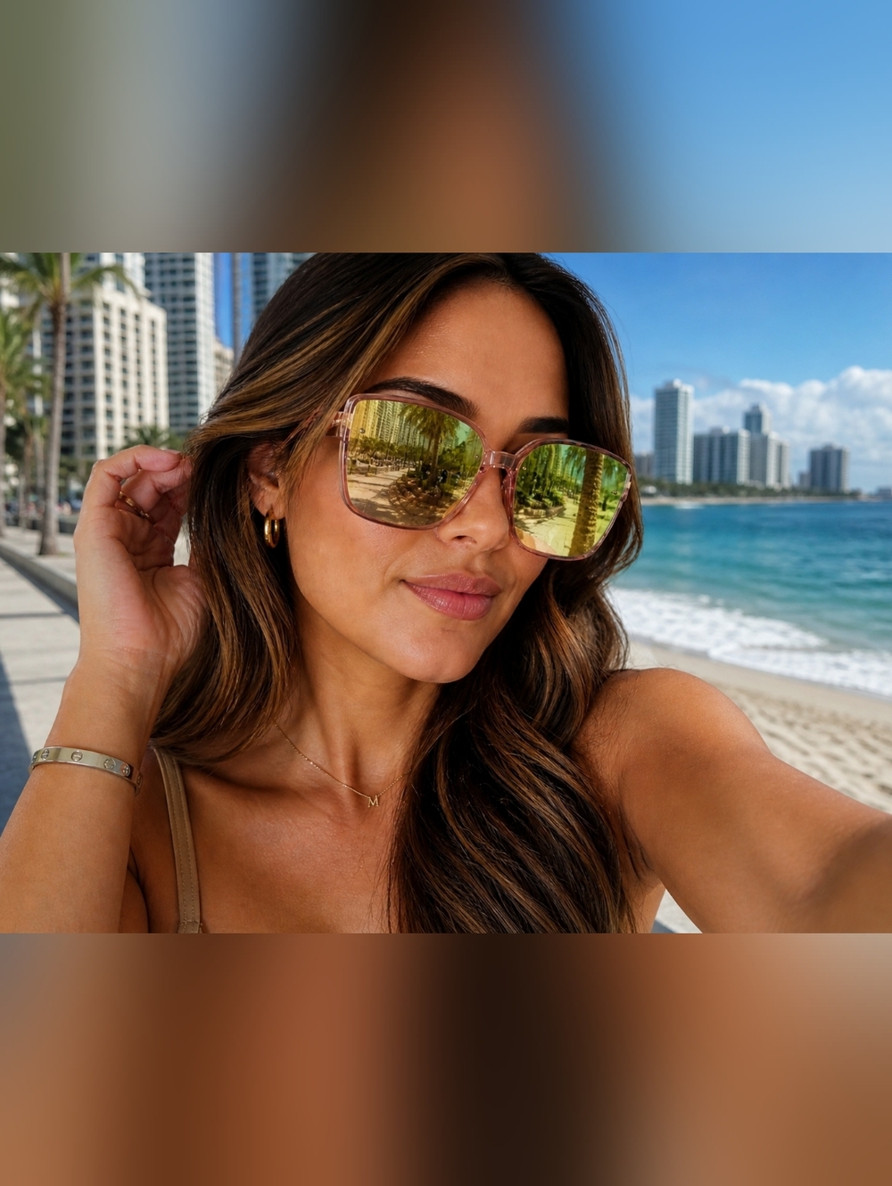 Beachy Cat Eye Rectangular Peach Pink Frame Sunglasses with Mirrored Lenses